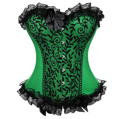 Lace Cover Overbust Corset Lace Up Boned Lingerie Zipper Side