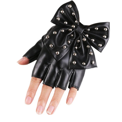Bowknot Rivet Stage Performance Leather Half Finger Gloves
