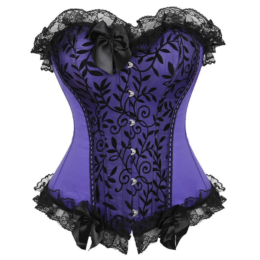 Lace Cover Overbust Corset Lace Up Boned Lingerie Zipper Side
