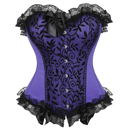 Lace Cover Overbust Corset Lace Up Boned Lingerie Zipper Side