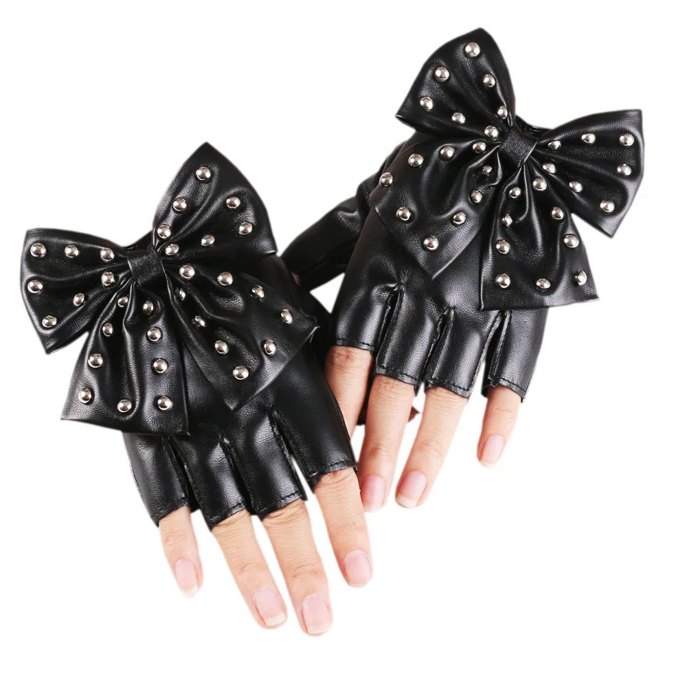 Bowknot Rivet Stage Performance Leather Half Finger Gloves