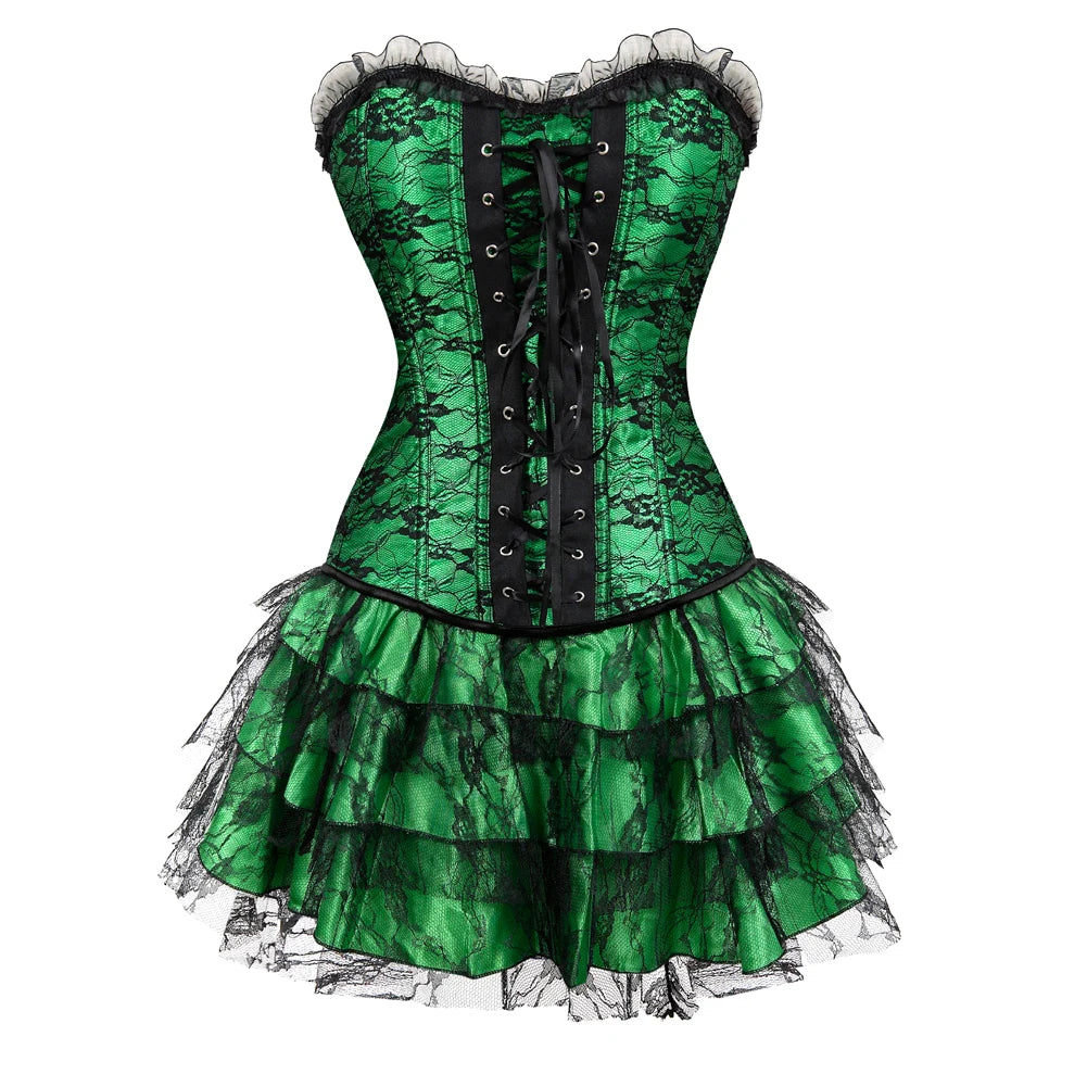 Lace Cover Overbust Corset Lace Up Boned Lingerie Zipper Side