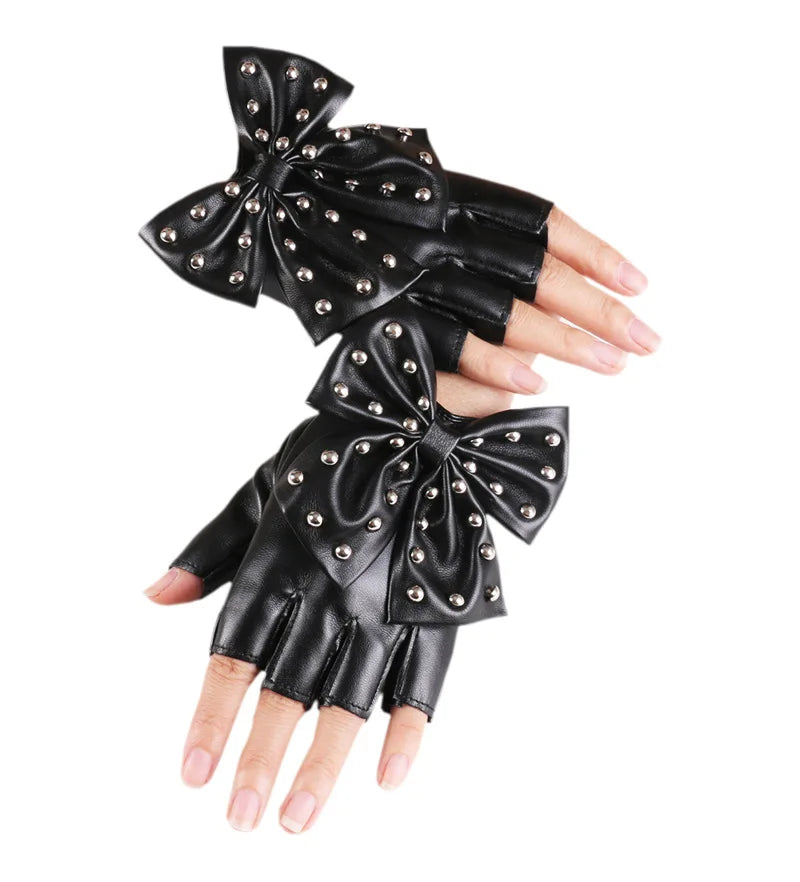 Bowknot Rivet Stage Performance Leather Half Finger Gloves