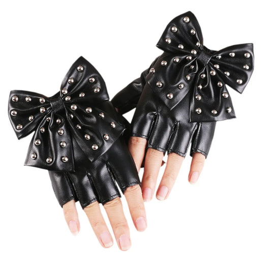 Bowknot Rivet Stage Performance Leather Half Finger Gloves