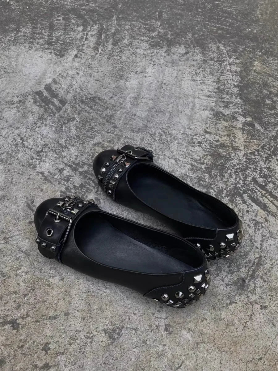 Black studded ballet leather flats metal buckled round toe sandals