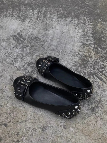 Black studded ballet leather flats metal buckled round toe sandals