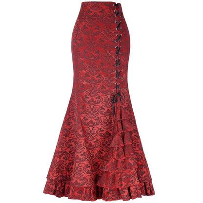 Jacquard Mermaid Bodycon Skirt Vintage Maxi Floor Women Lace Up Ruffle Skirt Elegant Long Floral Fishtail