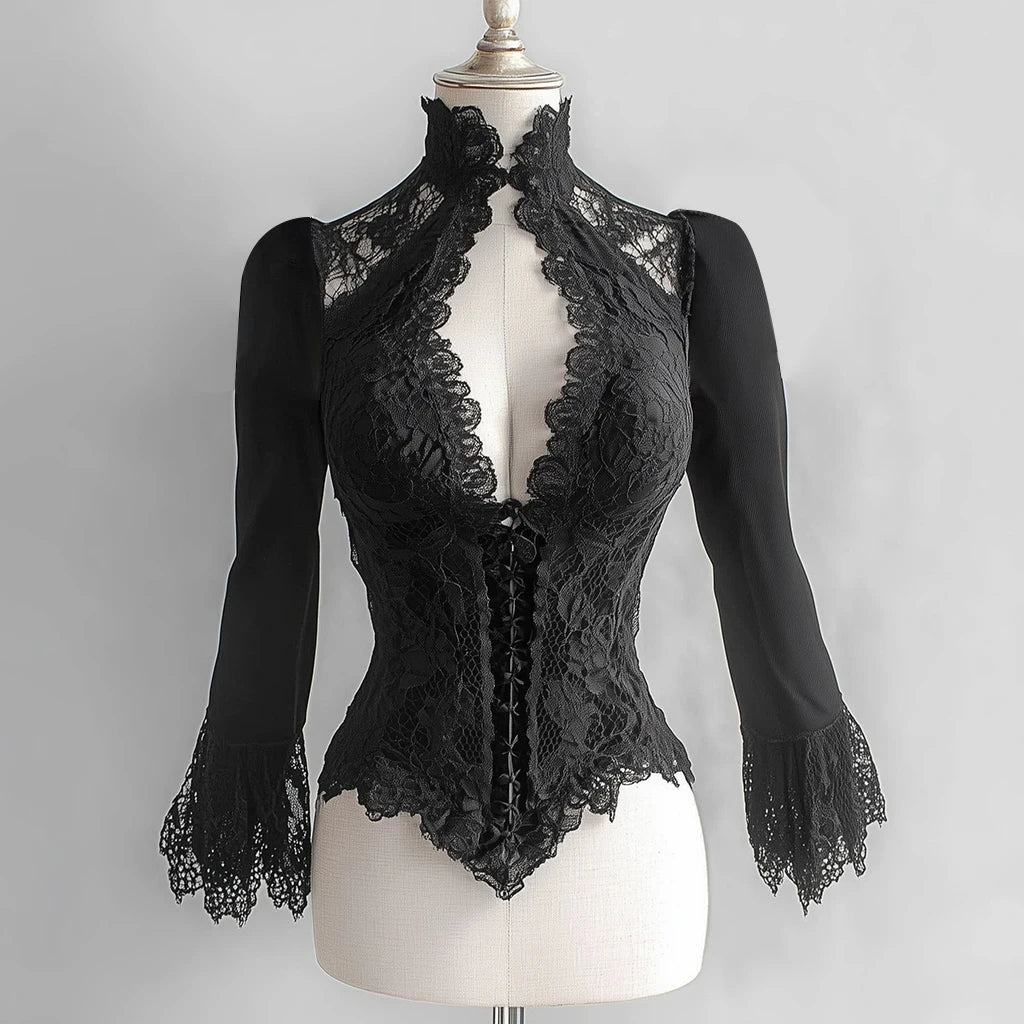 Slim Fit Elegant Court Lace See-Through Stand Collar Cut Out Flare Sleeve Blouse