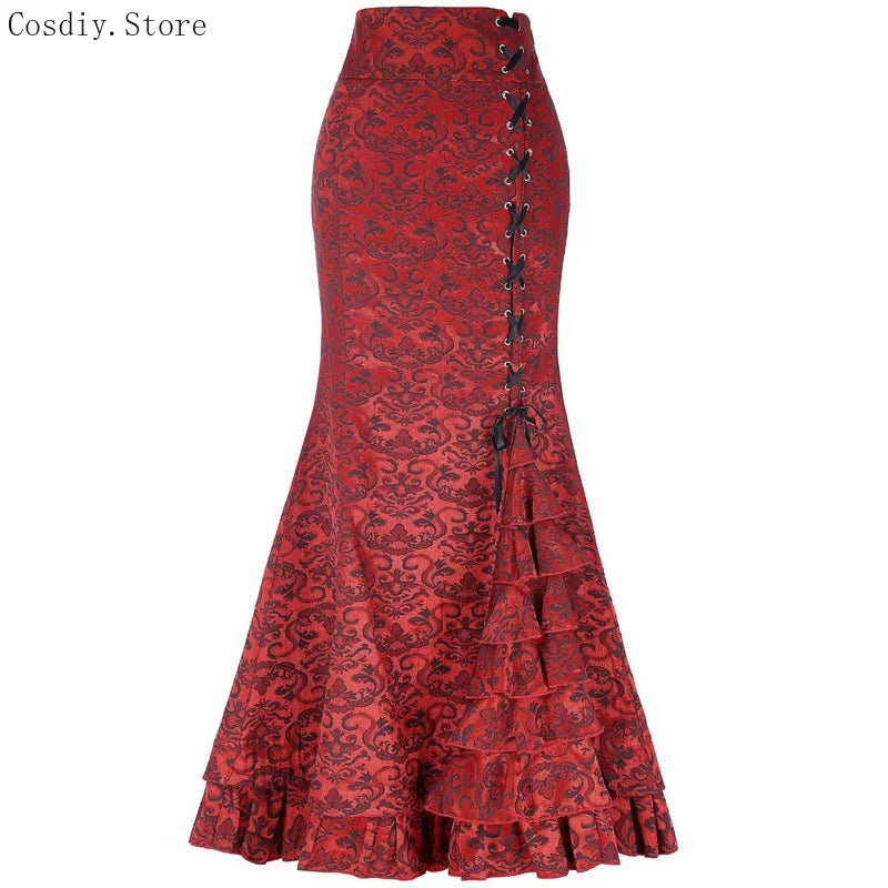 Jacquard Mermaid Bodycon Skirt Vintage Maxi Floor Women Lace Up Ruffle Skirt Elegant Long Floral Fishtail