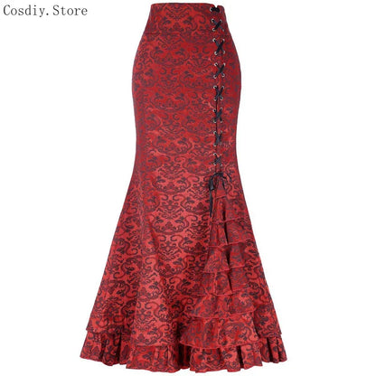 Jacquard Mermaid Bodycon Skirt Vintage Maxi Floor Women Lace Up Ruffle Skirt Elegant Long Floral Fishtail