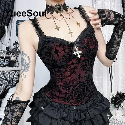 Gothic Lace Mesh Crop Spaghetti Strap Tops