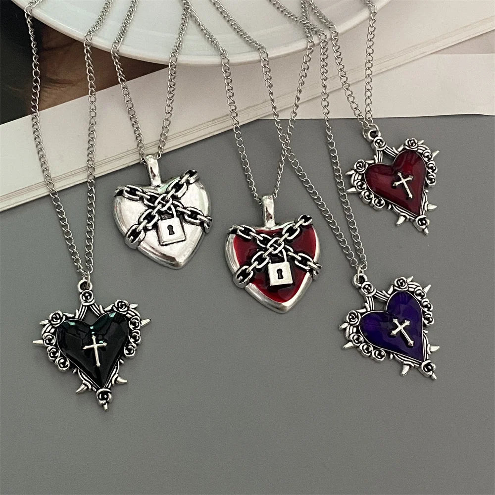Red Black Heart Pendant Chain Necklace Vintage Goth