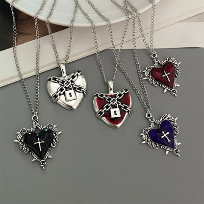 Red Black Heart Pendant Chain Necklace Vintage Goth