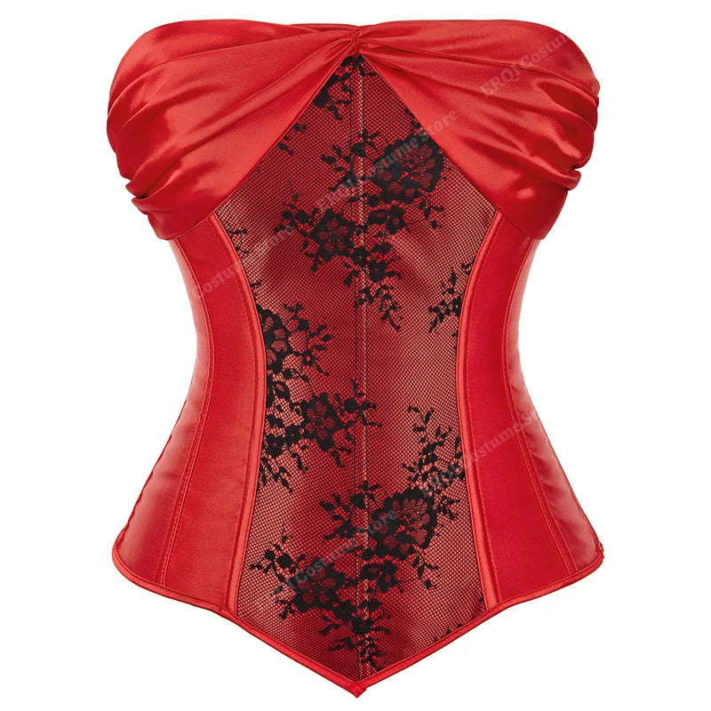 Lace Cover Overbust Corset Lace Up Boned Lingerie Zipper Side
