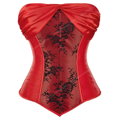 Lace Cover Overbust Corset Lace Up Boned Lingerie Zipper Side