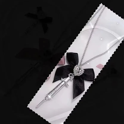 Love Heart Bowknot Metal Syringe Pendant Necklace Gothic
