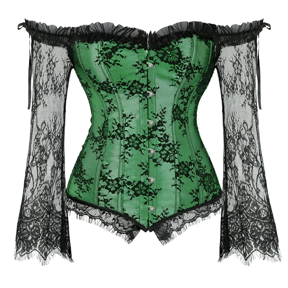 Gothic Vintage Silk Corset with Lace Long Sleeve off Shoulder