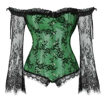 Gothic Vintage Silk Corset with Lace Long Sleeve off Shoulder