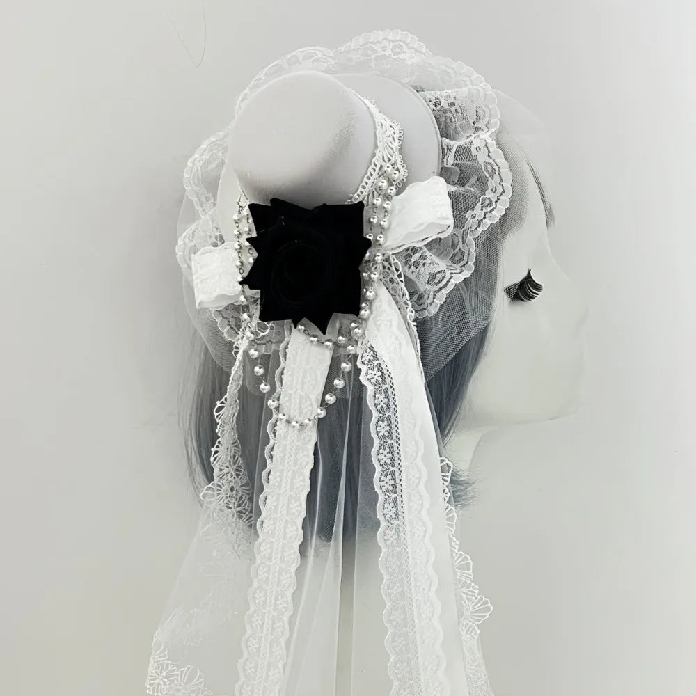 Lace Gothic Lace Veil Chain Chiffon Rose Hat Rose Victorian Retro Small Top Hat