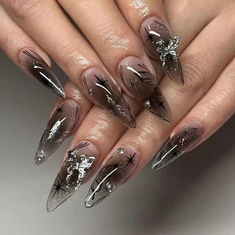 24Pcs Almond Press On Nails Goth Silve Rhinestone
