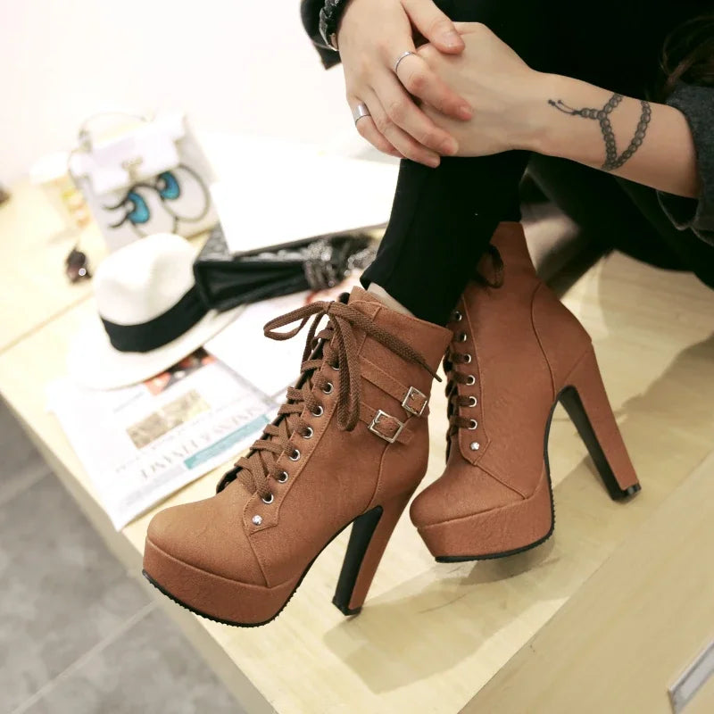 European style cross strap belt buckle boots