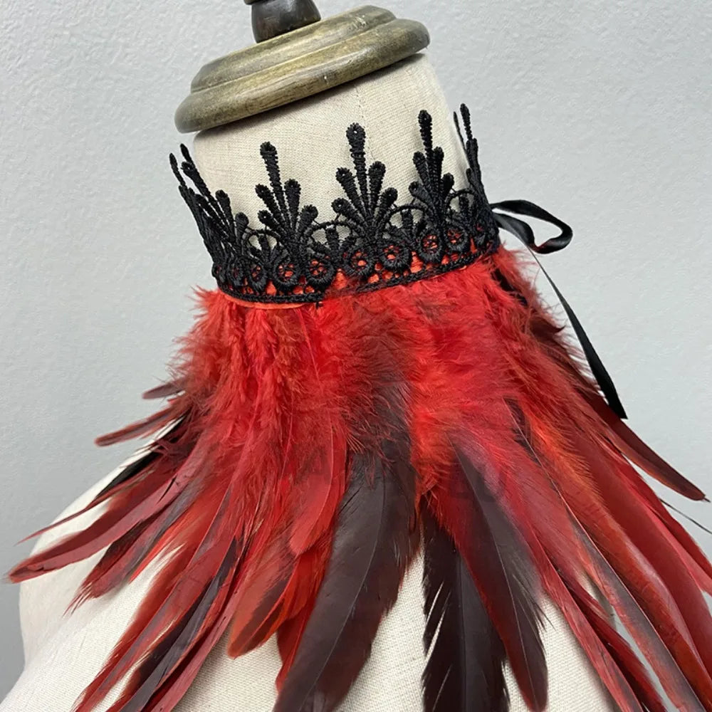 Black Feather Choker Collar Neck Cover Cape Shawl With Lace