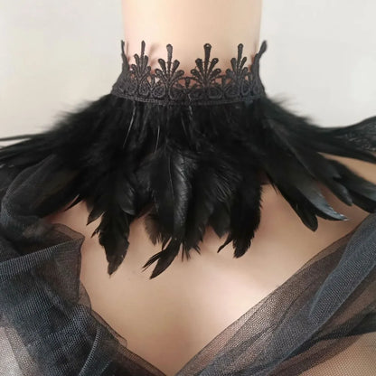 Black Feather Choker Collar Neck Cover Cape Shawl With Lace
