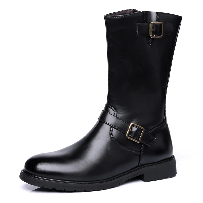 Leather Motorcycle Boots Mid-calf Gothic Belt Rivet Boots