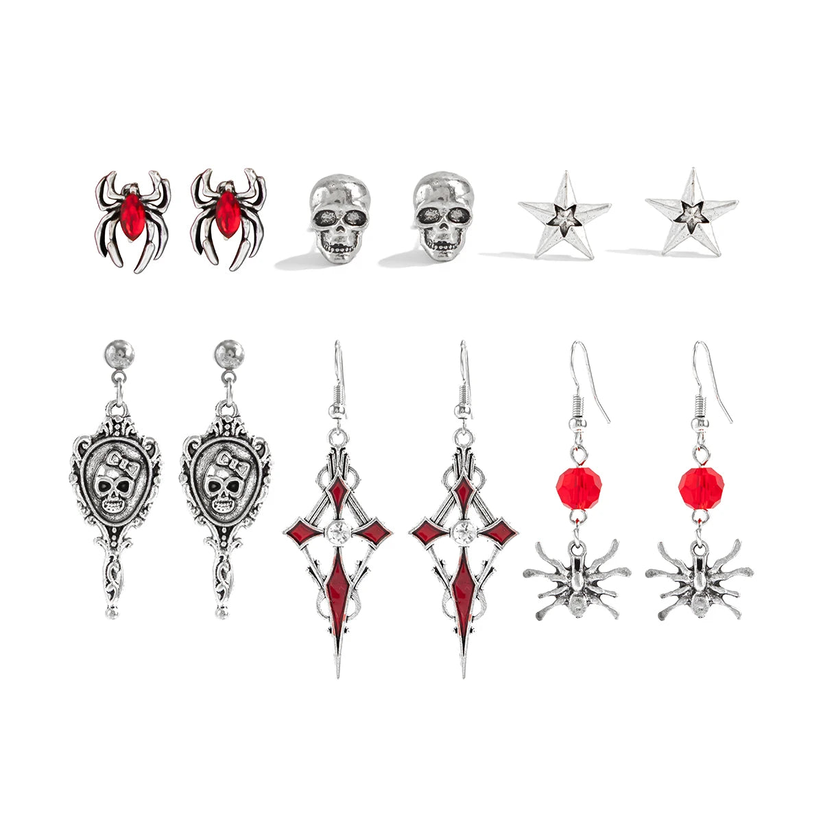 6Pairs/Set Halloween Red Crystal Skull Spider Metal Drop Earrings for Women Goth Cross Rose Piercing Earrings Jewelry