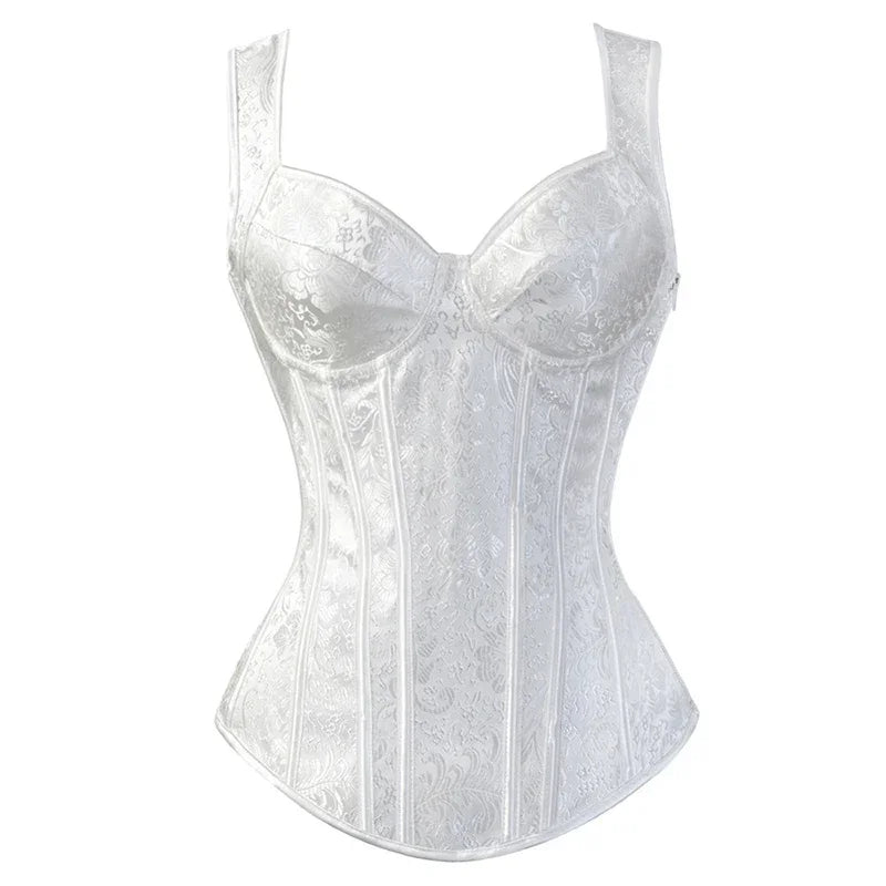 Sexy Women Corset with Straps Black Overbust Floral Jacquard Corsets Zipper Bustier