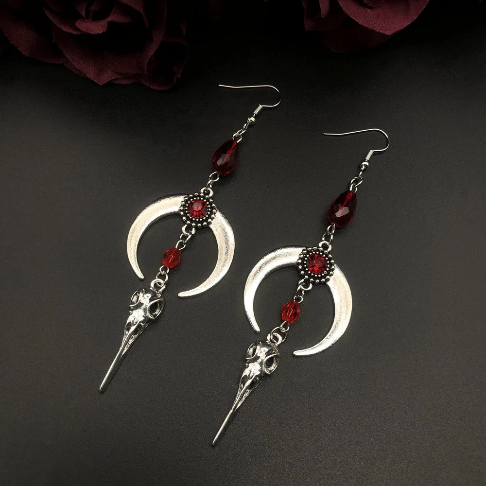 Crow Skull Earrings Horns Red Blood Drops Crystal