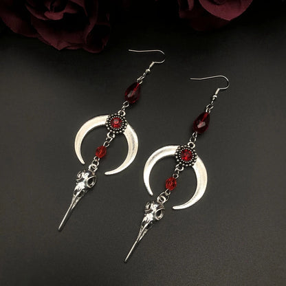 Crow Skull Earrings Horns Red Blood Drops Crystal