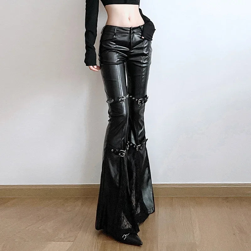 PU Leather Flare Pants, Gothic Buckle, Lace Patchwork