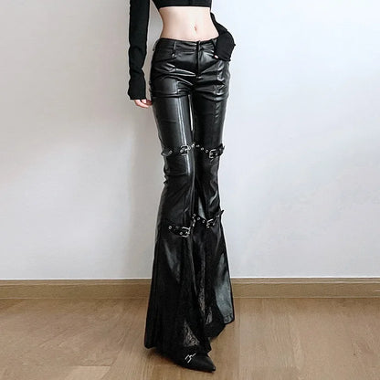 PU Leather Flare Pants, Gothic Buckle, Lace Patchwork
