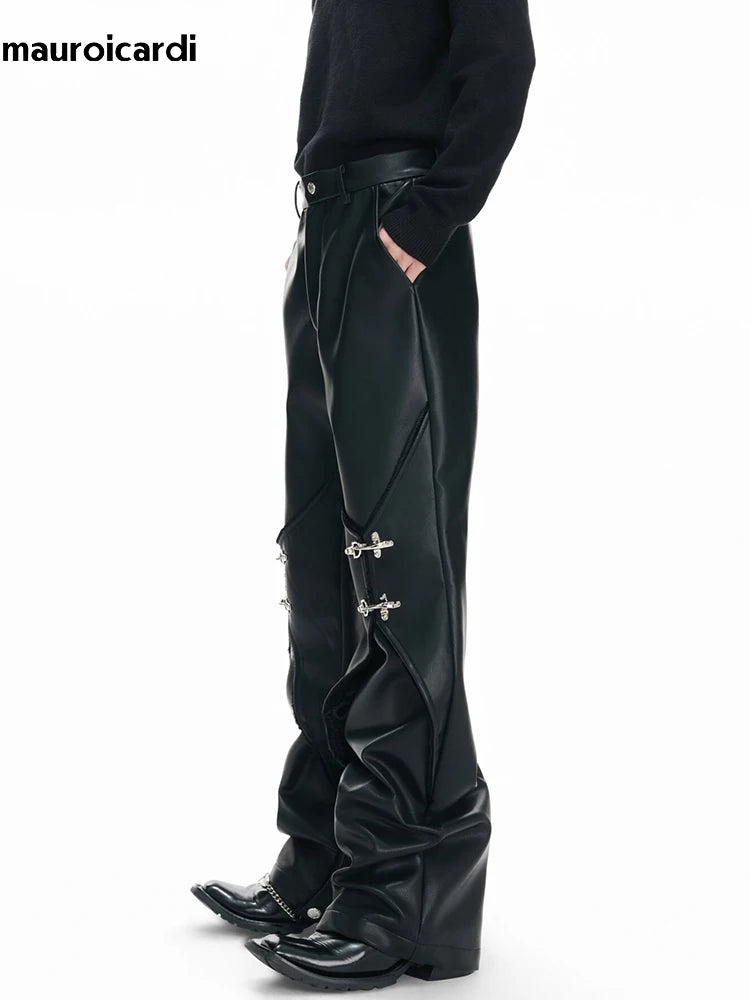 Mauroicardi Pu Leather Straight Pants High Waist with Split Metal Buckle