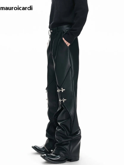 Mauroicardi Pu Leather Straight Pants High Waist with Split Metal Buckle