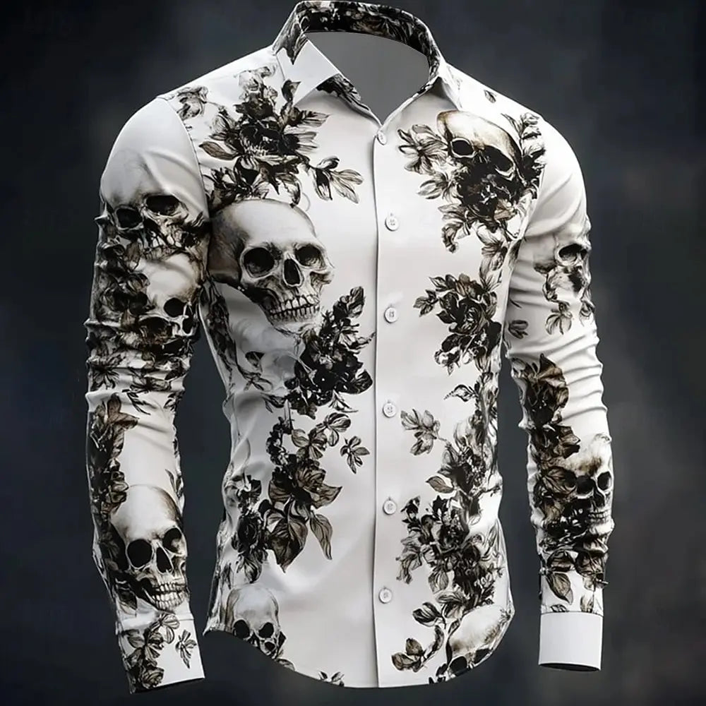 Skull Print Long Sleeve Graphic Shirt Loose Fit