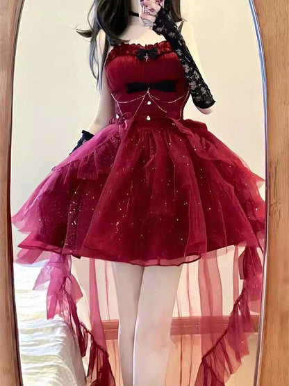 Sling Retro Tulle Ruffles Trim Dress