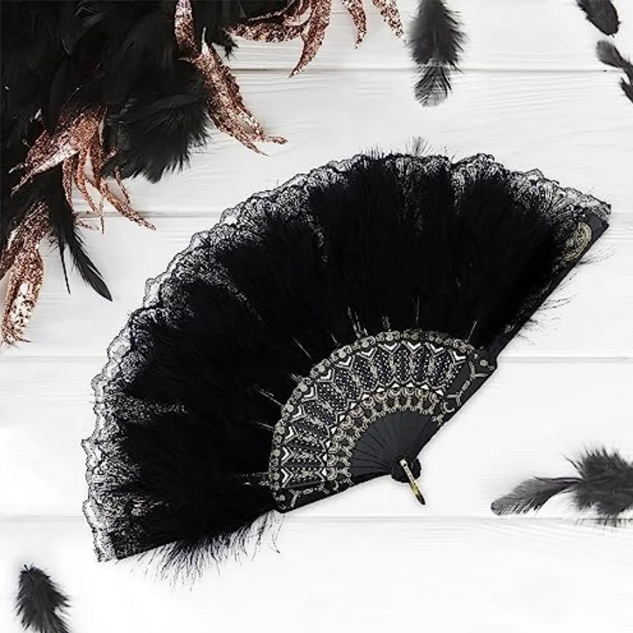 Black feather fan lace retro  1920s dance performance