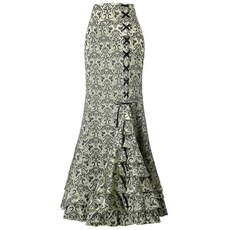 Jacquard Mermaid Bodycon Skirt Vintage Maxi Floor Women Lace Up Ruffle Skirt Elegant Long Floral Fishtail