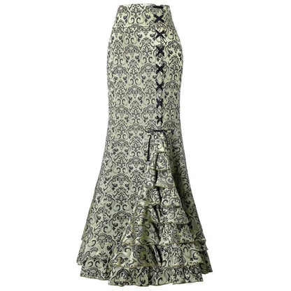 Jacquard Mermaid Bodycon Skirt Vintage Maxi Floor Women Lace Up Ruffle Skirt Elegant Long Floral Fishtail