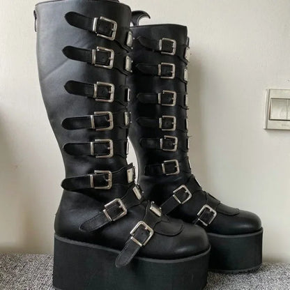 Gladiator Platform Gothic Buckle Straps Leather Boots