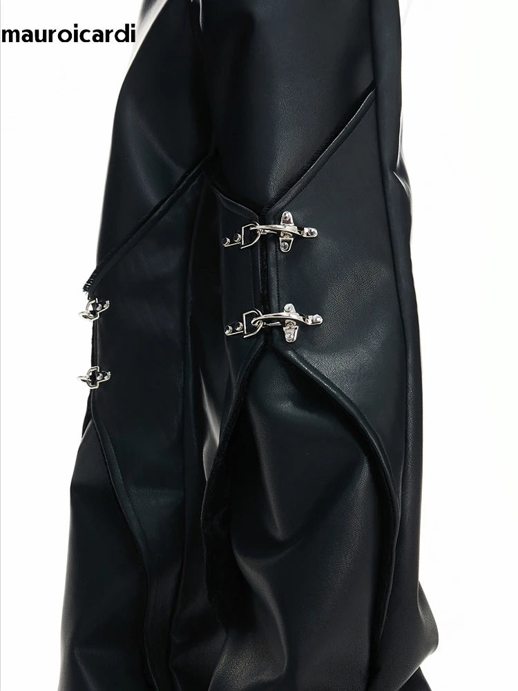 Mauroicardi Pu Leather Straight Pants High Waist with Split Metal Buckle