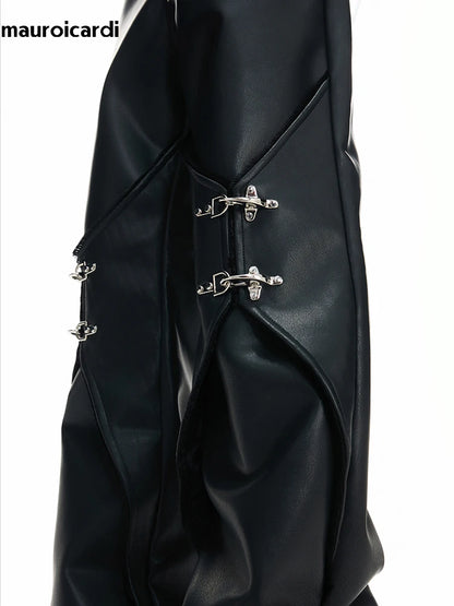 Mauroicardi Pu Leather Straight Pants High Waist with Split Metal Buckle