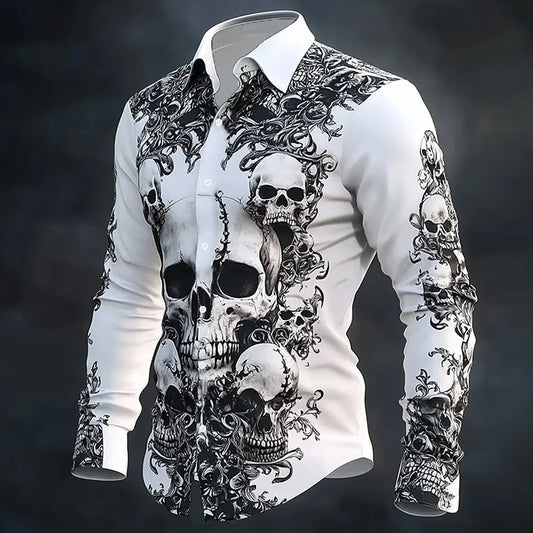 Skull Print Long Sleeve Graphic Shirt Loose Fit