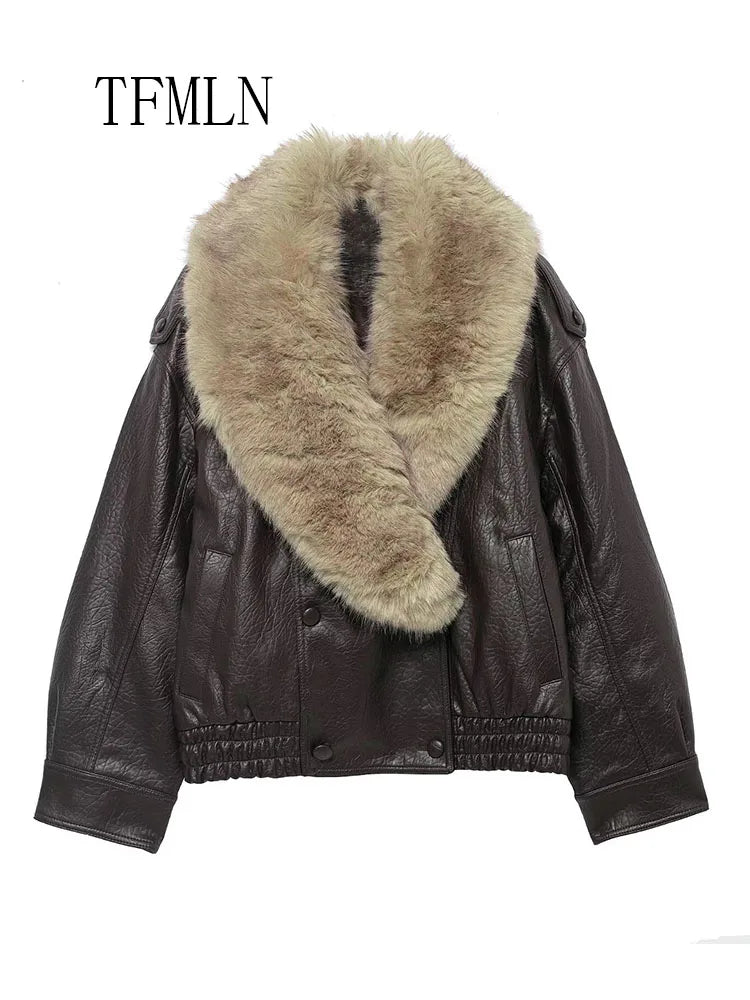 Loose Faux Leather Big Fur Winter Jacket