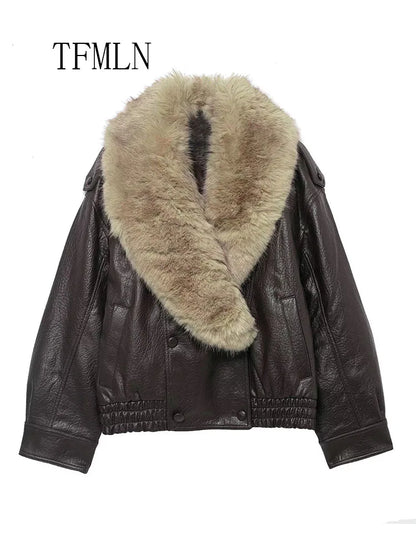 Loose Faux Leather Big Fur Winter Jacket
