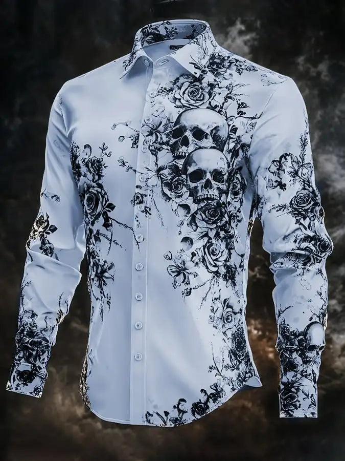 Skull Print Long Sleeve Graphic Shirt Loose Fit