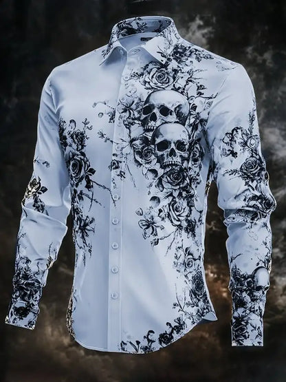 Skull Print Long Sleeve Graphic Shirt Loose Fit