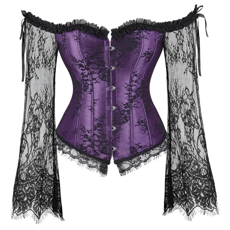 Gothic Vintage Silk Corset with Lace Long Sleeve off Shoulder